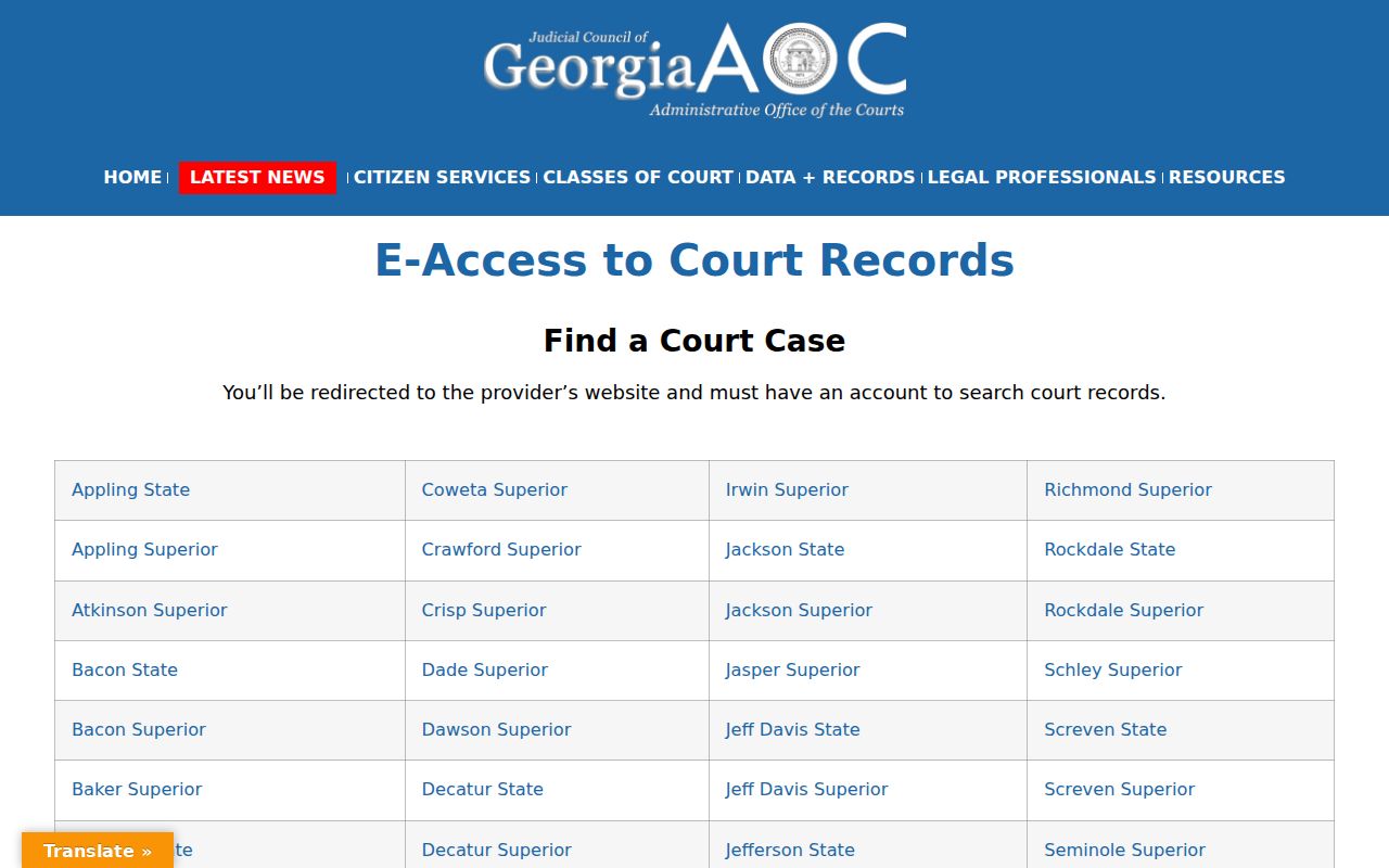 Ware County court docket Georgia E-Access page